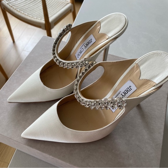 Jimmy Choo Bing 100 Embellished High Heel Mules - White Satin - Picture 11 of 14